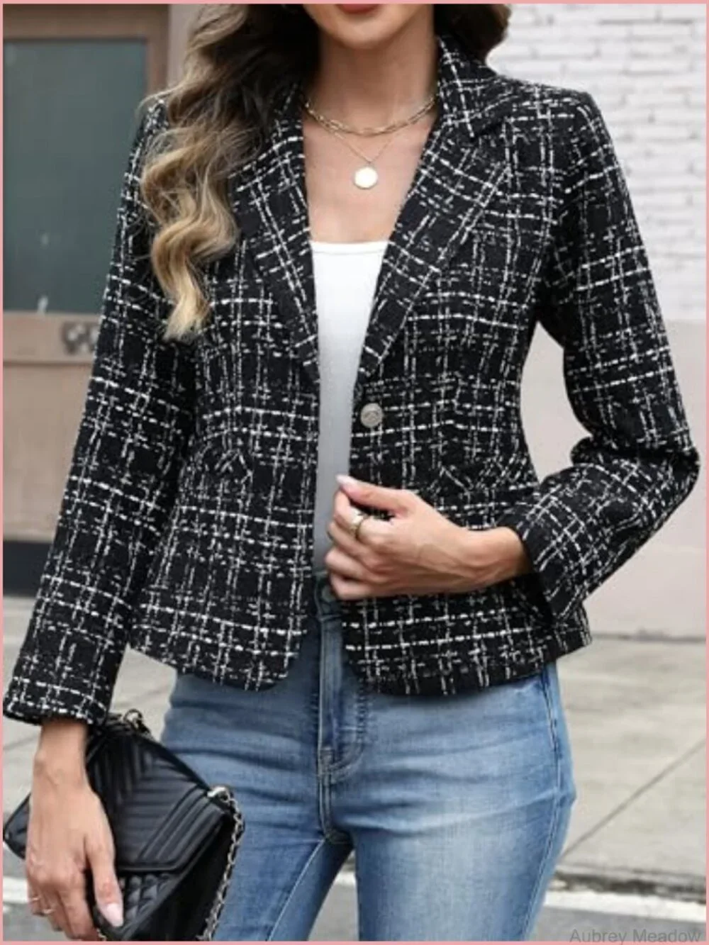 Slim Fit Tweed Blazer, Long Sleeve 2 Button Suit Jacket for Women
